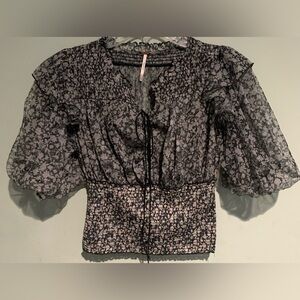 Free People Floral Mesh Lace Up Top